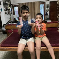 My grandkids, ages 9 and 5, spending their vacation time learning hand embroidery. The elder one said he felt calm and productive, while the younger one declared himself an artist.