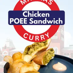A taste of South India in a Goan poee. My Madras Curry Chicken Poee Sandwich is filled with aromatic, spiced chicken and served with crispy kappa chips and a creamy dip for a complete meal.