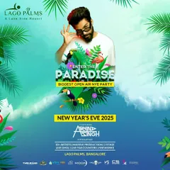 The official poster for 'Enter The Paradise', our biggest open-air New Year's Eve party. We featured over 10 artists, two stages, and a massive fireworks display at Lago Palms resort.