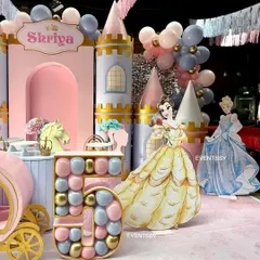This angle showcases the large, balloon-filled number '5' and character cutouts of Belle and Cinderella, adding a personalized touch to the princess theme.