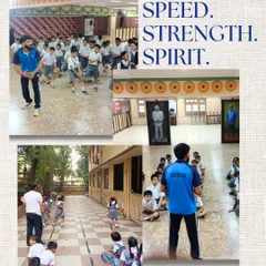 "Speed. Strength. Spirit." This collage captures the core elements of our school sports program, showing students engaged in running drills and listening to their coach's instructions.