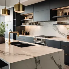A luxurious kitchen design with dark matte cabinets, a waterfall marble island, and elegant gold hardware and lighting.