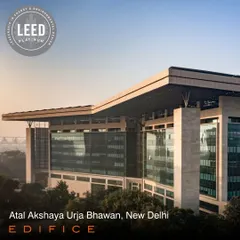 The award-winning Atal Akshaya Urja Bhawan in New Delhi, a government building that achieved LEED Platinum certification. This project is a testament to our leadership in net-positive and energy-efficient architecture on a national scale.