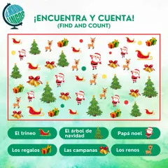 A festive "Find and Count" Christmas game in Spanish. Can you find all the sleighs (trineos) and reindeer (renos)?