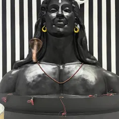 A straight-on view of the Adiyogi sculpture before the base was fully concealed. You can see the detail in the rudraksha mala and the cobra, all sculpted and painted by hand.