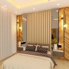 A bedroom concept with a floor-to-ceiling headboard combining a cushioned panel with chevron-patterned wood. Floating bedside tables and modern pendant lights complete this cozy and stylish look.