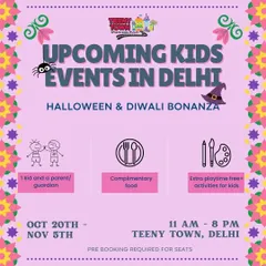 Our Halloween & Diwali Bonanza event poster. This shows how we package our festival celebrations, offering complimentary food and extra playtime for a complete family outing.