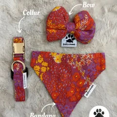 This warm-toned floral set is perfect for any season. It includes a collar, bandana, and bow, all handmade from soft, durable fabric.