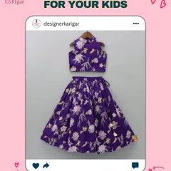 A beautiful purple floral lehenga for kids. The halter-neck top and full skirt make it a comfortable and stylish choice for any celebration.