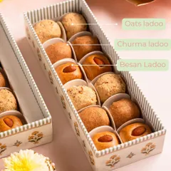 My assorted laddoo boxes are a celebration of tradition and health. Inside, you'll find different varieties like Oats, Churma, and Besan laddoos, each made with wholesome ingredients and no refined sugar.