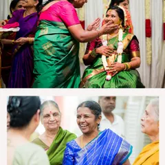 A collage of heartwarming moments from a traditional baby shower, showing the mother-to-be receiving blessings from family members.