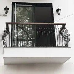 This custom Juliet balcony is a defining piece of the exterior elevation. The sculptural metalwork of the railing adds an artistic and functional detail to the facade.