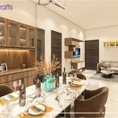 An open-concept living and dining area from our 'Majestic Fortune' project, featuring a beautiful marble-top table and rich wooden cabinetry. This space is designed for seamless interaction and family connection.