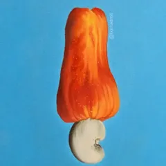 A still life painting of a cashew apple, created using oils on paper. The vibrant colors and smooth finish were achieved by carefully blending the oil paints.