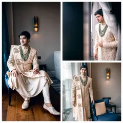 A collage of the groom's portraits, showcasing his full attire from different angles and in various poses, capturing his elegance and style.