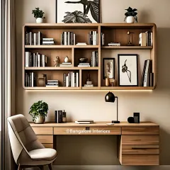 A sophisticated study nook with a floating wooden desk and a matching wall-mounted bookshelf. The clean lines and warm wood tones create a calm and focused environment for work or reading.