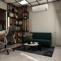 The layout ensures a clear separation between the work desk and the relaxation area with the sofa, promoting a healthy work-life balance even within the same room.