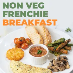 Fuel your morning with our Non-Veg Frenchie Breakfast. This platter comes with a fluffy omelette, baked beans, grilled tomatoes, and more.