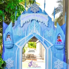 Guests were welcomed to Arendelle through this magnificent ice castle entrance. We designed this custom structure for a Frozen-themed party to create an immersive experience from the very first moment, complete with snowflake details and character cutouts.