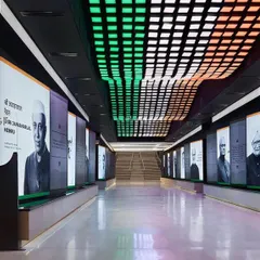 The interior of the museum, featuring a dynamic ceiling with lights representing the Indian flag. This space was designed to be immersive, using technology and architecture to tell a story.