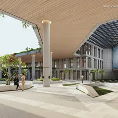The central plaza of the Bharati Vidyapeeth campus, a bustling hub for students and faculty. The design features open spaces, integrated greenery, and a large screen on the convention center, creating a vibrant community gathering point.