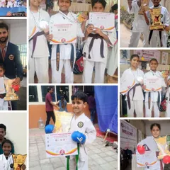 A collage of our champions. These photos capture the joy and pride of our students after their victories at various karate tournaments.