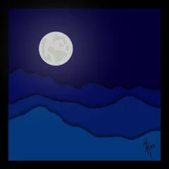 A layered, monochrome blue illustration of the moon resting above the mountains. This is a place I call home, a scene that brings me immense peace.