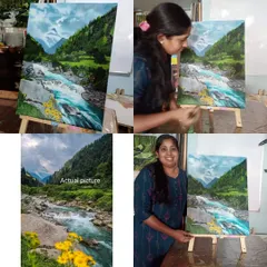 I am incredibly proud to see a student's work come to life with such realism. Here, Ashwini Anil stands with her completed oil painting, a stunningly accurate landscape of Manali, placed right next to the original photograph she worked from. This is a testament to the skills developed in my realistic oil painting course.