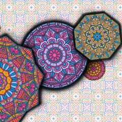 A closer look at the intricate details within the layered mandalas. This piece is about finding harmony between different parts of oneself, from extrovert to introvert and everything in between.