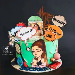A cool pop-art cake for a 19th birthday, decorated with the birthday girl's favourite things and cartoon-style graphics.