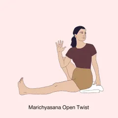 An illustration of Marichyasana Open Twist. This is a key part of my home practice sequence for menstrual cycle support and general back release.