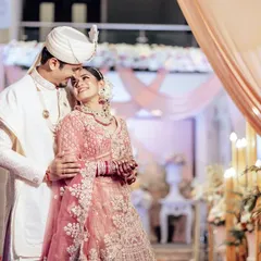 A romantic, happy portrait of Nupur and Chinmay. The soft lighting and their joyful expressions make this a timeless photograph from their wedding day.