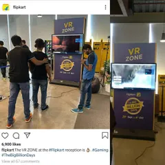 This is our branded VR Zone, set up at the Flipkart office for their Big Billion Days campaign. We can transform any space into a dedicated gaming area, complete with your branding on the hardware and within the game itself for seamless corporate integration.