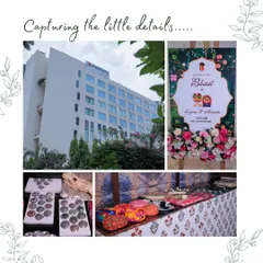 A collage showcasing the details of a "Bhaat" or Mayra ceremony, from the welcome sign to the traditional gifts and the hotel venue.