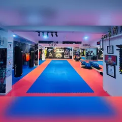 A full view of our primary dojo, showcasing the clean, organized layout. From the matted training floor to the awards on the wall, this is a space dedicated to excellence.