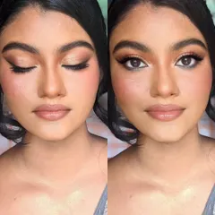 This soft and shimmering eye makeup is perfect for a day-to-night look. The neutral tones define the eyes beautifully, whether they are open or closed.