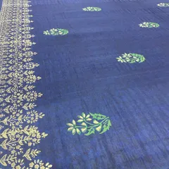 The final result of our hand-crafted block printing on a deep blue saree. The intricate floral border and butis add a big impact with a small, artistic move.