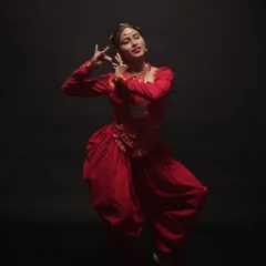 This frame captures the expressive hand gestures, or mudras, that are central to Bharatanatyam. The soft lighting on her face emphasizes her focused and serene expression.