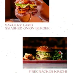 Explore more of our burger menu with the Savoury Lamb Smashed Onion Burger and the Firecracker Kimchi Chicken Schnitzel Burger.