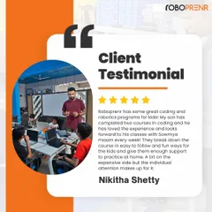 A client testimonial from Nikitha Shetty, who praises our coding and robotics programs for being easy to follow and fun, with enough support for her son to practice at home.