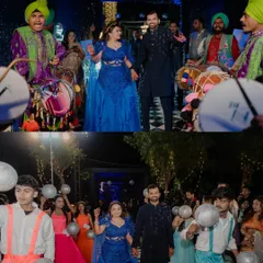 The grand entrance! Flanked by dhol players and performers, the couple enters their Sangeet with energy and style. We capture the entire spectacle, preserving the excitement of the moment.