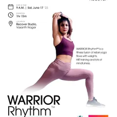 Thrilled to bring WARRIOR Rhythm to the Leap.club community. This poster details the event, describing the format as a fusion of rebel yoga, HIIT, weights, and mindfulness.