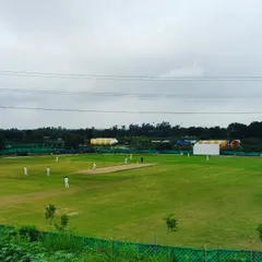 A wide view of a match in progress at our academy ground. Playing regular matches is the only way to learn how to handle pressure and build an innings.