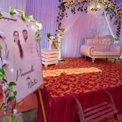 This welcome display was part of a complete engagement decor package in Kundapura. The sign uses a photo from the couple's pre-engagement shoot, creating a consistent and personal theme from the entrance to the stage.