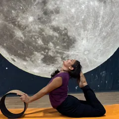 The yoga wheel is a wonderful tool for opening the heart and shoulders, as demonstrated in this beautiful Rajakapotasana (King Pigeon Pose).