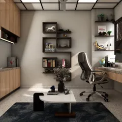 This view of the office shows the floating shelves and ample cabinet storage, designed to keep the workspace organized and clutter-free.