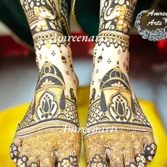 Royal bridal foot mehandi featuring palace domes and elephant motifs. The design covers the entire foot, creating a look of ornate anklets and slippers.