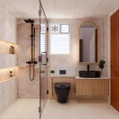 This modern bathroom combines light wood cabinetry with black fixtures for a striking contrast. The design includes a walk-in shower with a glass partition and backlit niches for storing toiletries.