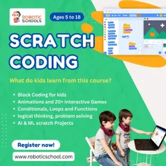 Our Scratch Coding course is perfect for beginners. Kids learn to code using colorful blocks to create animations and over 20 interactive games, developing logical thinking and problem-solving skills.
