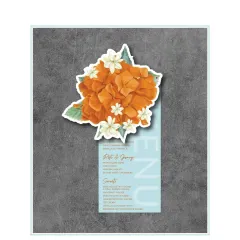 A custom die-cut menu card designed to make a statement. The top features a vibrant, oversized floral illustration that adds a pop of color and personality to the table setting.